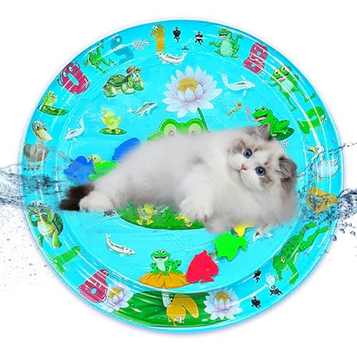 Sensor Water Playmat, Sensory Water Play Mat for Cats,verdickte Wasser-Sensor-Spielmatte für Katzen, Katzen-Wasser-Spielmatte,Sommer Wasserspielmatte,Katzenspielzeug (Runder blauer Froschstil) von DIXIOUJAI
