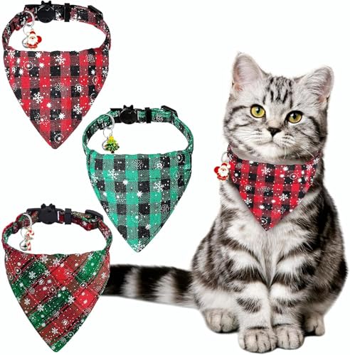 DIYDEC 3 Stück Weihnachten Katzehalstuch, Verstellbar Haustier Weihnachten Bandana Hund Dreieck Lätzchen Schneeflocken Plaid mit Glocke Sicherheit Schnellverschluss für Xmas Kostüm Kätzen und Hündchen von DIYDEC