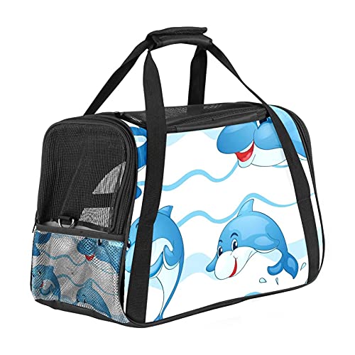 Pet Travel Carrier Bag, tragbare Pet Bag - Klappbarer Pet Carrier-Stoff, Travel Carrier Bag für Hunde oder Katzen, Pet Cage mit abschließbaren Sicherheitsreißverschlüssen, Cute Lovely Cartoon Dolphin Sea Wave von DIYOF