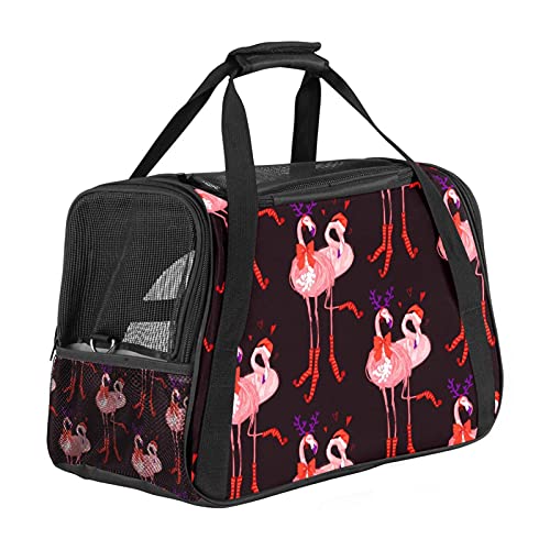 Pet Travel Carrier Bag, tragbare Pet Bag - Pet Carrier aus faltbarem Stoff, Travel Carrier Bag für Hunde oder Katzen, Pet Cage mit abschließbaren Sicherheitsreißverschlüssen, süßer lustiger Flamingo mit Weihnachtsmütze von DIYOF
