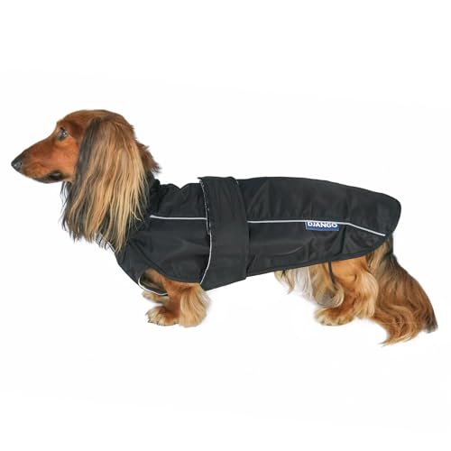 DJANGO City Slicker Allwetter Hundejacke & wasserabweisender Regenmantel mit reflektierenden Paspelierung (L, Schwarz) von DJANGO