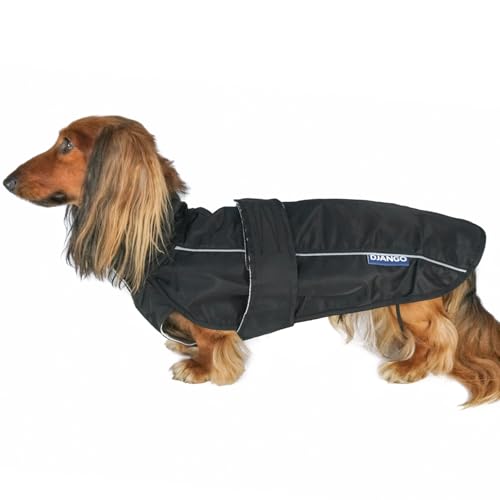 DJANGO City Slicker Allwetter Hundejacke & wasserabweisender Regenmantel mit reflektierenden Paspelierung (S, Schwarz) von DJANGO