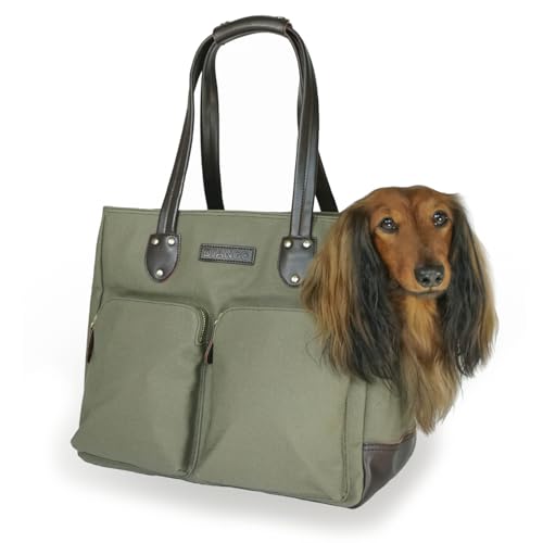 DJANGO Dog Carrier Bag - Waxed Canvas and Leather Soft-Sided Pet Travel Tote with Bag-to-Harness Safety Tether & Secure Zipper Pockets (Large, Olive Green) von DJANGO