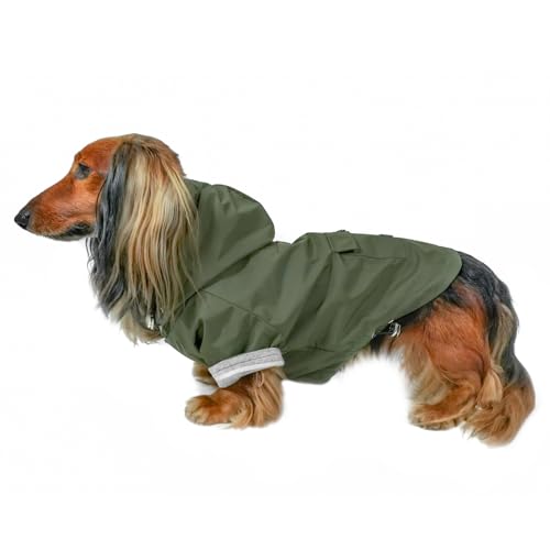 DJANGO Highland Hundejacke und Regenmantel – Wasserabweisender, winddichter und geschirmmfreundlicher Hundemantel mit Kapuze und verstellbarem Kordelzug und Gunmetal Hardware (L, Olivgrün) von DJANGO