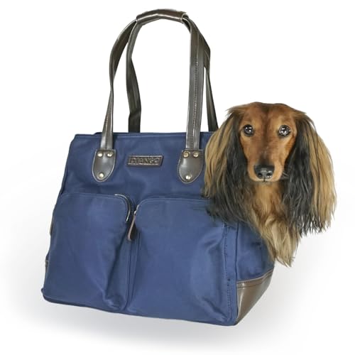 Django Hund Tragetasche – gewachstem Canvas und Leder weichen Pet Travel Tote mit bag-to-harness Sicherheit Tether und sicher Reißverschluss Taschen, marineblau von DJANGO