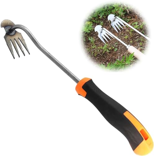 DKIIL NOIYB 4 Zähne Unkrautjäter mit Stiel, Hand Unkrautjätgeräte für Garten, Unkrautstecher zum Entwurzeln Garden Harke, Geschmiedeter Unkrautstecher aus Manganstahl (35 cm + Gummigriff) von DKIIL NOIYB