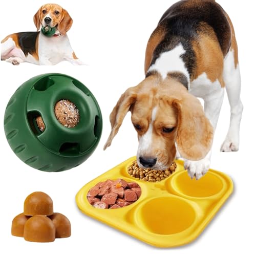DKIIL NOIYB Schleckball für Hunde, Kauspielzeug für Hundefutterspender Befüllbares mit Tablett Leckerli Spender, Interaktives Spielzeug für Hunde Ängste Lindern (B Ball+Tablett) von DKIIL NOIYB