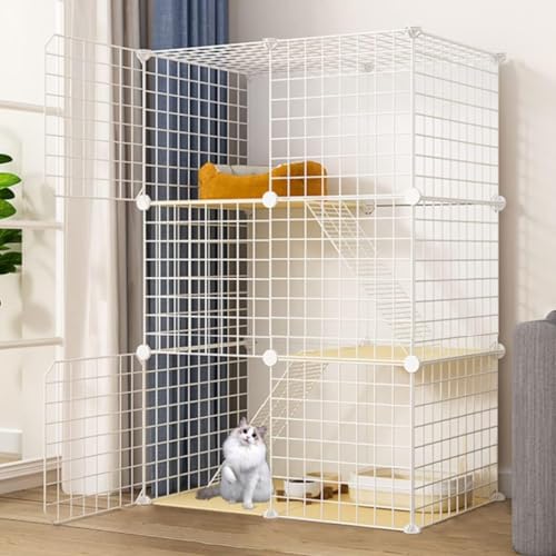 Katzenkäfig-Ecke, große 3-stöckige Katzenhütte, Katzenkäfig groß, DIY-Haustierheim für den Innenbereich, Kleintierhaus, Katzenkiste mit Katzenstreu + Katzenhängematte + Katzentoilette + Katzennapf, von DKSNAJ