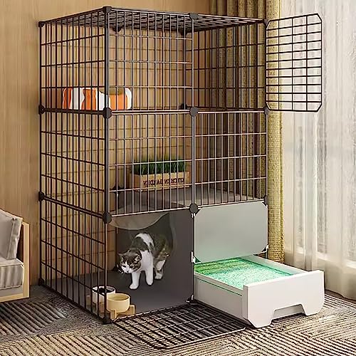 Katzenkäfig für den Innenbereich, zusammenklappbarer Haustierkäfig, Katzenlaufstall, ausziehbare Katzentoilette mit Katzenstreu, Zwingerkiste aus Metalldraht, für 1–2 Katzen, Frettchen, Chinchilla, von DKSNAJ