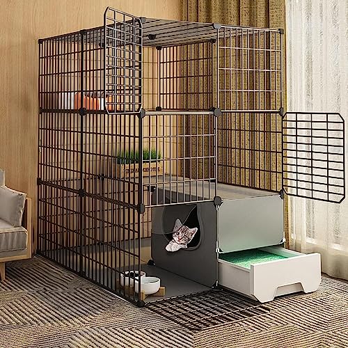 Laufställe für Kleintiere, Katzenkäfig, Katzenlaufstall – Katzenkäfig, DIY-Laufstall für Haustiere mit Tür und geschlossener Katzentoilette, multifunktionales Katzenhaus (Größe: 111 x 49 x 109 cm, von DKSNAJ