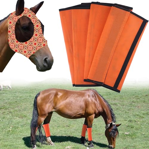 Fliegenmaske und Fliegerstiefel für Pferde, Elastische Komfortmaske mit Ohren für Pferde, Atmungsaktive Mesh-Reitstiefel, UV-Schutz und Beißschutz, 5 Stück Reitsportbedarf (Orange) von DLBTWDOYLS