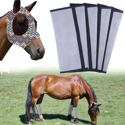 Fliegenmaske und Fliegerstiefel für Pferde, Elastische Komfortmaske mit Ohren für Pferde, Atmungsaktive Mesh-Reitstiefel, UV-Schutz und Beißschutz, 5 Stück Reitsportbedarf (grau) von DLBTWDOYLS
