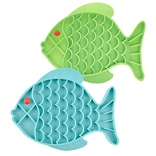 DLDER 2 Stück Fisch Form Katze Slow Feeder Katze Puzzle Feeder für Katze & Hund Angst Relief IQ Pet Treat Mat Fun Alternative zu Slow Feeder Cat Bowl (Blau und Grün, Fischschale) von DLDER