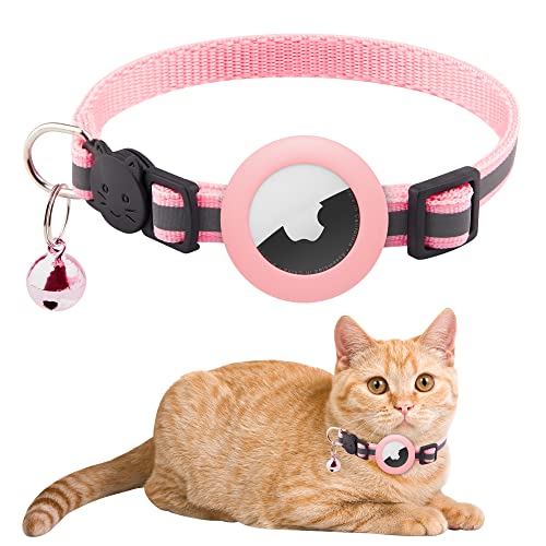 Katzenhalsband für Airtag, Reflektierende Katzenhalsband und mit abbrechbarer Sicherheitsschnalle,Glocke und Verstellbar Airtag Schutzhülle für Kätzchen Welpen (Rosa) von DLENP