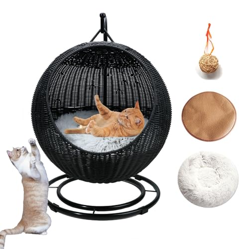 DLLDLGG 17" Gewebtes Katzenbett, Handgefertigtes Katzenschaukelbett, Zwei Weiche Kissen, Korbdesign, Stabile, Waschbare Haustierschaukel für Katzen, Kleine Hunde, Kleintiere(Black) von DLLDLGG