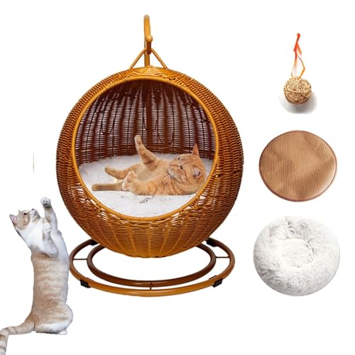 DLLDLGG 17" Gewebtes Katzenbett, Handgefertigtes Katzenschaukelbett, Zwei Weiche Kissen, Korbdesign, Stabile, Waschbare Haustierschaukel für Katzen, Kleine Hunde, Kleintiere(Brown) von DLLDLGG