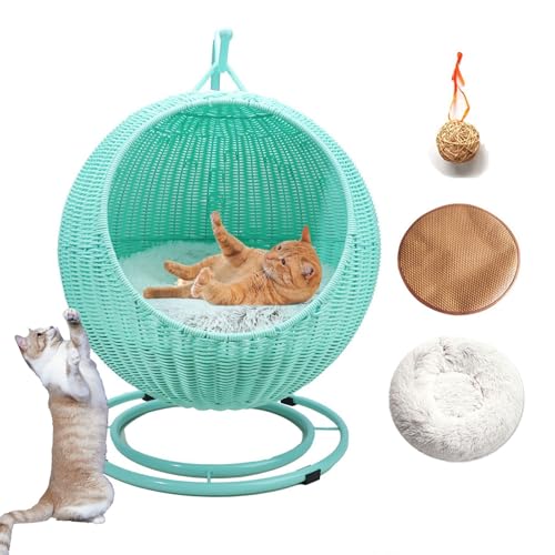 DLLDLGG 17" Gewebtes Katzenbett, Handgefertigtes Katzenschaukelbett, Zwei Weiche Kissen, Korbdesign, Stabile, Waschbare Haustierschaukel für Katzen, Kleine Hunde, Kleintiere(Green) von DLLDLGG