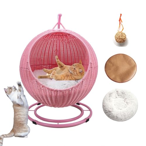 DLLDLGG 17" Gewebtes Katzenbett, Handgefertigtes Katzenschaukelbett, Zwei Weiche Kissen, Korbdesign, Stabile, Waschbare Haustierschaukel für Katzen, Kleine Hunde, Kleintiere(Pink) von DLLDLGG