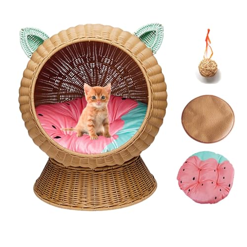 DLLDLGG Cat Ear Coastal Handgewebtes Rattan-Katzenbett mit Maschinenwaschbarem Kissen, Aus Gras Geflochtenes Erhöhtes Katzenbett, Katzenhaus mit Ständer, Natur von DLLDLGG