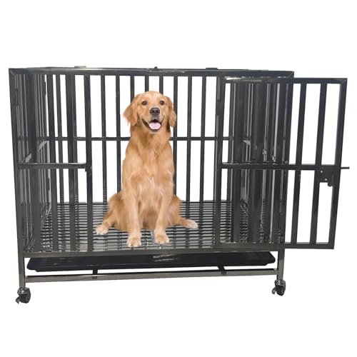 DLPIN 94 cm stapelbare robuste Hundebox Haustier Edelstahl Zwinger Käfig für kleine Hunde mit Doppeltüren & Schlössern Design inklusive abschließbaren Rädern Abnehmbares Tablett ohne Schraube von DLPIN