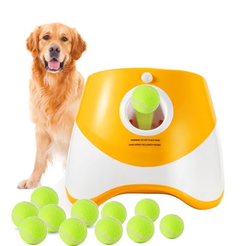 DLPIN Automatischer Hundeballwerfer, wiederaufladbarer Ball-Laucher für Hunde mit 12 Tennisbällen, interaktive Hunde-Tennisball-Wurfmaschine, Wurfweite 3 - 9 m, perfekt für kleine Hunde von DLPIN