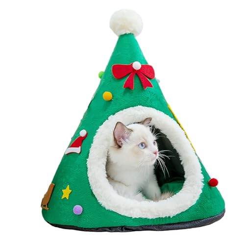 Weihnachtsbaum Katzenhütte, Tragbares rotes Haustierhöhlenbett, niedliches Katzenbett mit Weihnachtsbaum-Design, bequemes Dreieck-Katzenbett, Weihnachts-Haustierhöhlenbett für Kätzchen von DLSIN