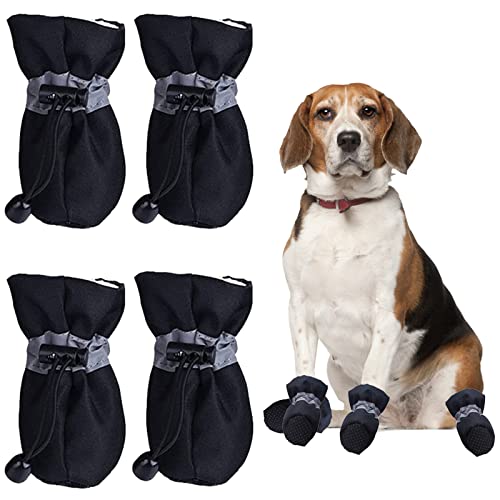 DMZK 4 Stücke rutschfeste Hundeschuhe, Bequeme Atmungsaktive Weiche Sohle mit Reflektierendem Klebeband, Plüsch wasserdichte Hundestiefel für Hunde, Schwarz von DMZK