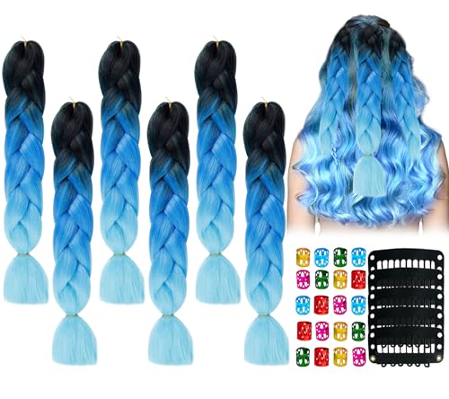 DNWFZ 6 Stück Ombre Braiding Hair Kunsthaar Zum Einflechten Haar Braids Extension Umbo Braid Haarverlängerung Bunte Haare Zum Einflechten Zöpfe Box Braid Haar Kunsthaar Haar Schwarz-blauer Farbverlauf von DNWFZ