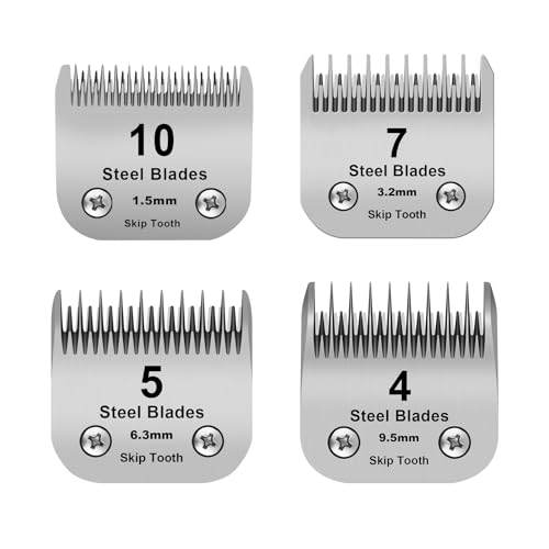 10 + 7 + 5 + 4 abnehmbare Fellpflegestahlklingen, kompatibel mit Andis, Oster A5, Wahl KM10 Serie, Schnittlänge 1,5 mm bis 9,5 mm, 4 Stück (10 + 7 + 5 + 4 Skip-Zahnklinge) von DODAER