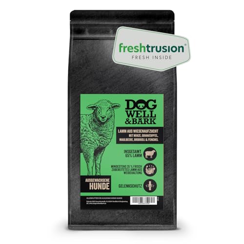 Premium Hundefutter mit britischen Lamm 12 kg für ausgewachsene Hunde – aus Wiesenaufzucht mit Minze, Granatapfel, Maulbeere, Brokkoli & Fenchel von DOG WELL & BARK