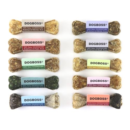DOGBOSS 100% Natur Kauknochen speziell für kleine Hunderassen (2-10kg) in verschiedenen Geschmackssorten (10er Probierset 10 cm) von DOGBOSS
