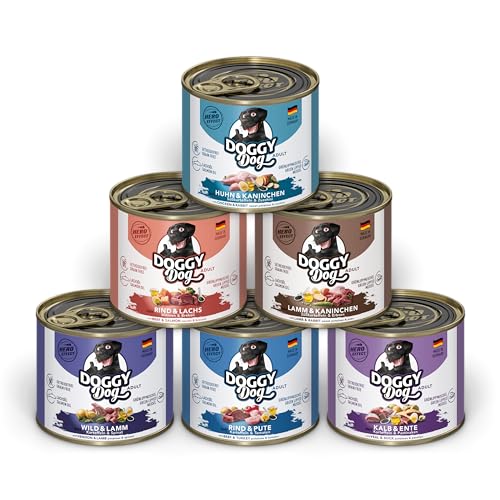 DOGGY Dog Paté Mix 1, 6 x 200 g, Nassfutter für Hunde im Probierpaket, getreidefreies Hundefutter mit Lachsöl und Grünlippmuschel, Alleinfuttermittel mit hohem Fleischanteil, Made in Germany von DOGGY Dog