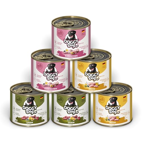 DOGGY Dog Paté Mix Sensitive, 6 x 200 g, Nassfutter für Hunde im Probierpaket, Hundefutter getreidefrei mit Lachsöl und Grünlippmuschel, besonders gut verträgliches Alleinfuttermittel, Made in Germany von DOGGY Dog