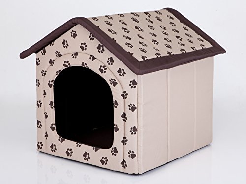 HobbyDog Hundehaus Hundehütte für mittelgroße Hunde - Katzenhaus, Katzenhöhle - mit herausnehmbarem Dach - Tierhaus für Katzen und Hunde für Drinnen/Indoor 52 x 46 x 53 cm [L] Beige mit Pfoten von DOGGY