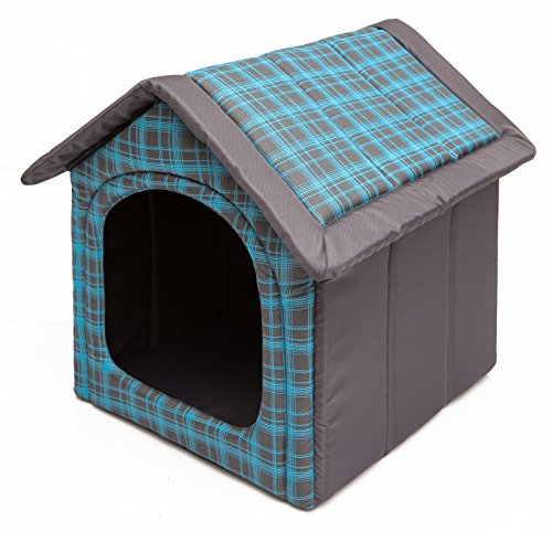 HobbyDog Hundehaus Hundehütte für mittelgroße Hunde - Katzenhaus, Katzenhöhle - mit herausnehmbarem Dach - Tierhaus für Katzen und Hunde für Drinnen/Indoor 60 x 55 x 60 cm [XL] Blau Kariert von DOGGY