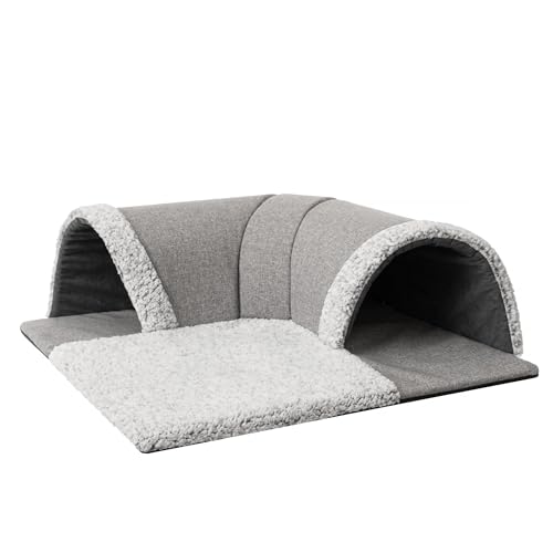 Katzenhütte, Katzenbett, Matte, 2 in 1, Multifunktionaler Liegeplatz, Tunnel und Matratze, rutschfest, Liegedecke, Flauschig, 70 x 70 cm, Grau von DOGGY