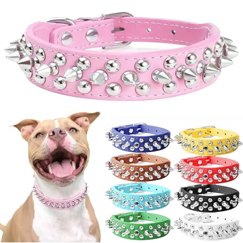 DOGGYZSTYLE Hundehalsband aus Leder mit Nieten, für Katzen, Welpen, kleine und mittelgroße Haustiere (Rosa, Größe L) von DOGGYZSTYLE