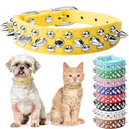 DOGGYZSTYLE Hundehalsband aus Leder mit Nieten, für Katzen, Welpen, kleine und mittelgroße Haustiere (gelb, Größe S) von DOGGYZSTYLE