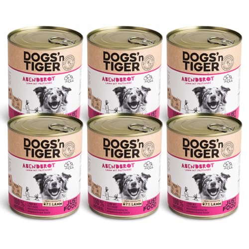 Dogs’n Tiger Adult Premium Nassfutter für Hunde, Abendbrot, tiergerechte Rezeptur mit 67% Fleischanteil + Leinsamenöl + Kräuter – ohne Zucker, künstliche Aromen, Lamm, & Pastinake, 6X 800g von DOGS' n TIGER