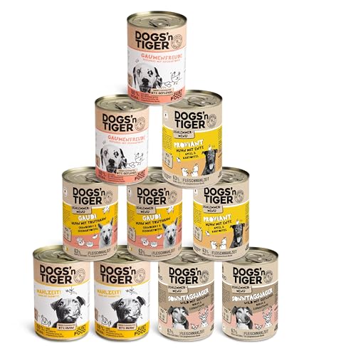 Dogs’n Tiger Adult Hundefutter, Nassfutter, ohne Zuckerzusatz, Weizen & künstliche Konservierungsstoffe, optimale Verträglichkeit, Mixpaket Geflügel Liebe, Truthahn, Wild, Huhn & Ente, 10x 400g von DOGS' n TIGER