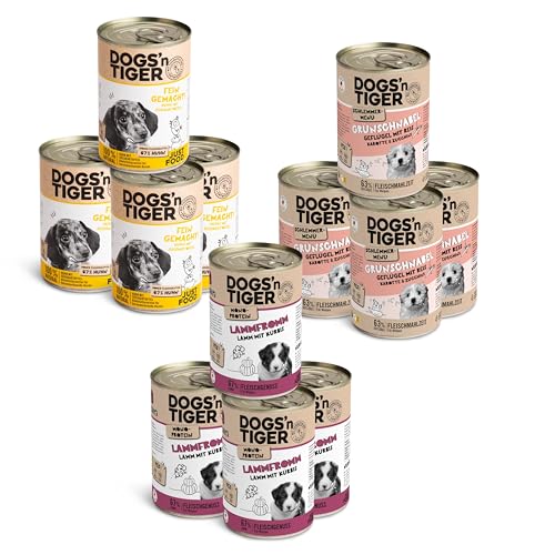 Dogs’n Tiger Junior Hundefutter, Nassfutter, Getreidefrei ohne Zuckerzusatz & künstliche Konservierungsstoffe, optimale Verträglichkeit, Mixpaket Happy Puppy, Welpen Futter, Geflügel & Lamm, 12x 400g von DOGS' n TIGER