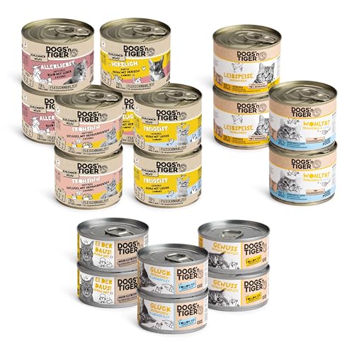 Dogs’n Tiger Adult Katzenfutter, Nassfutter, Getreidefrei, ohne Zuckerzusatz & künstliche Konservierungsstoffe, optimale Verträglichkeit, Mixpaket Lecker Hühnchen! Huhn, Lachs, Rind & Ei, 18 tlg.- Set von DOGS' n TIGER