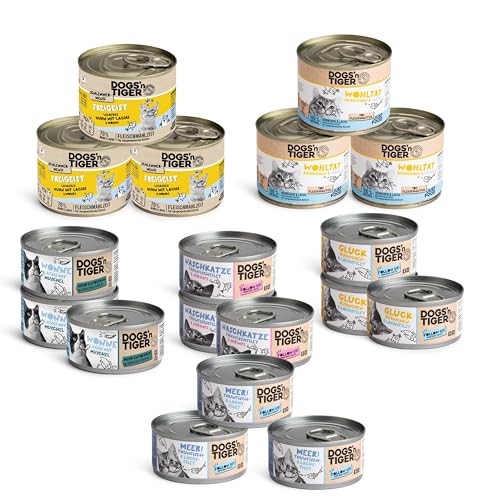 Dogs’n Tiger Adult Katzenfutter, Nassfutter, Getreidefrei, ohne Zuckerzusatz & künstliche Konservierungsstoffe, Mixpaket Lecker Meer! Thunfisch, Lachs, Muscheln, Shrimps & Huhn, 18 TLG.- Set von DOGS' n TIGER