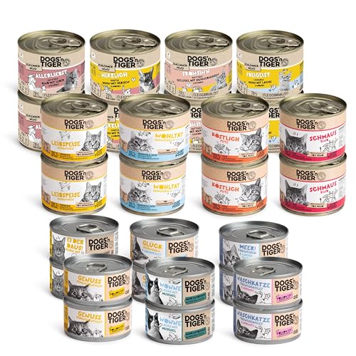 Dogs’n Tiger Adult Katzenfutter, Nassfutter, ohne Weizen, Zuckerzusatz & künstliche Konservierungsstoffe, Mixpaket Rundum lecker! Thunfisch, Lachs, Muscheln, Shrimps & Huhn, 28 TLG.- Set von DOGS' n TIGER