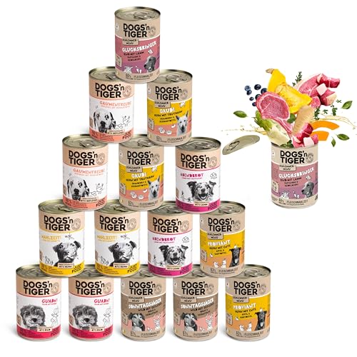 Dogs’n Tiger Adult Hundefutter, Nassfutter, Getreidefrei, ohne Zuckerzusatz & künstliche Konservierungsstoffe, Mixpaket Schlemmerparadies, Rind, Lamm, Truthahn, Huhn & Ente, 16x 200g von DOGS' n TIGER