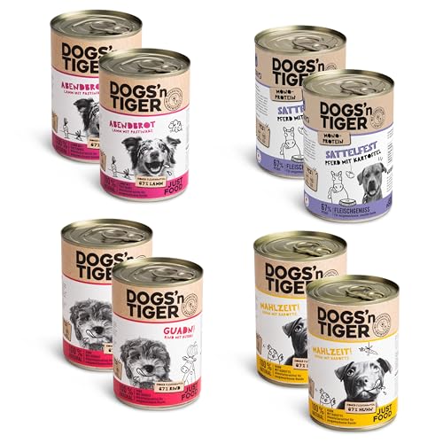 Dogs’n Tiger Adult Hundefutter, Nassfutter, Hypoallergen, ohne Zuckerzusatz & künstliche Konservierungsstoffe, optimale Verträglichkeit, Mixpaket Sensibelchen, Rind, Lamm, Huhn & Pferd, 8 TLG.- Set von DOGS' n TIGER