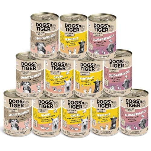 Dogs’n Tiger Adult Hundefutter, Nassfutter, Getreidefrei, Schlemmerpaket, ohne Zuckerzusatz & künstliche Konservierungsstoffe, optimale Verträglichkeit, Wild, Huhn, Ente, Lamm & Rind, 12x400g von DOGS' n TIGER