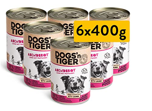 Dogs’n Tiger Adult Premium Nassfutter für Hunde, Abendbrot, tiergerechte Rezeptur mit 67% Fleischanteil + Leinsamenöl + Kräuter – ohne Zucker, künstliche Aromen, Lamm, & Pastinake, 6X 400g von DOGS' n TIGER