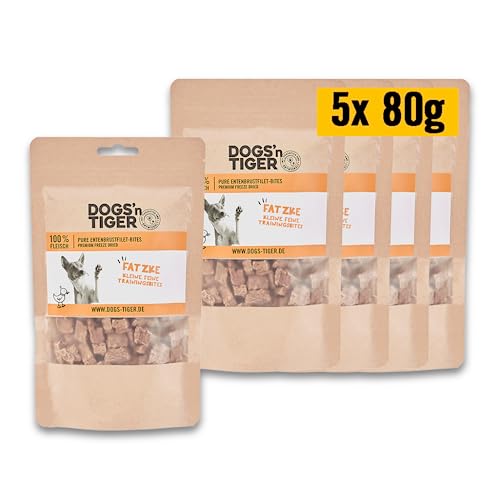 Dogs'n Tiger Adult Hundesnacks, Fatzke Trainingsleckerli aus 99% Fleisch – artgerechte Hundeleckerlis ohne Zucker, künstliche Aromen – gut verträglich (gefriergetrocknetes Entenbrustfilet, 5 x 80g von DOGS' n TIGER