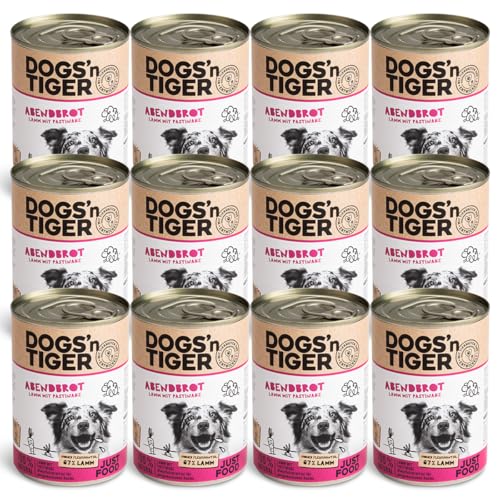 Dogs’n Tiger Adult Premium Nassfutter für Hunde, Abendbrot, tiergerechte Rezeptur mit 67% Fleischanteil + Leinsamenöl + Kräuter – ohne Zucker, künstliche Aromen, Lamm, & Pastinake, 12x 400g von DOGS' n TIGER